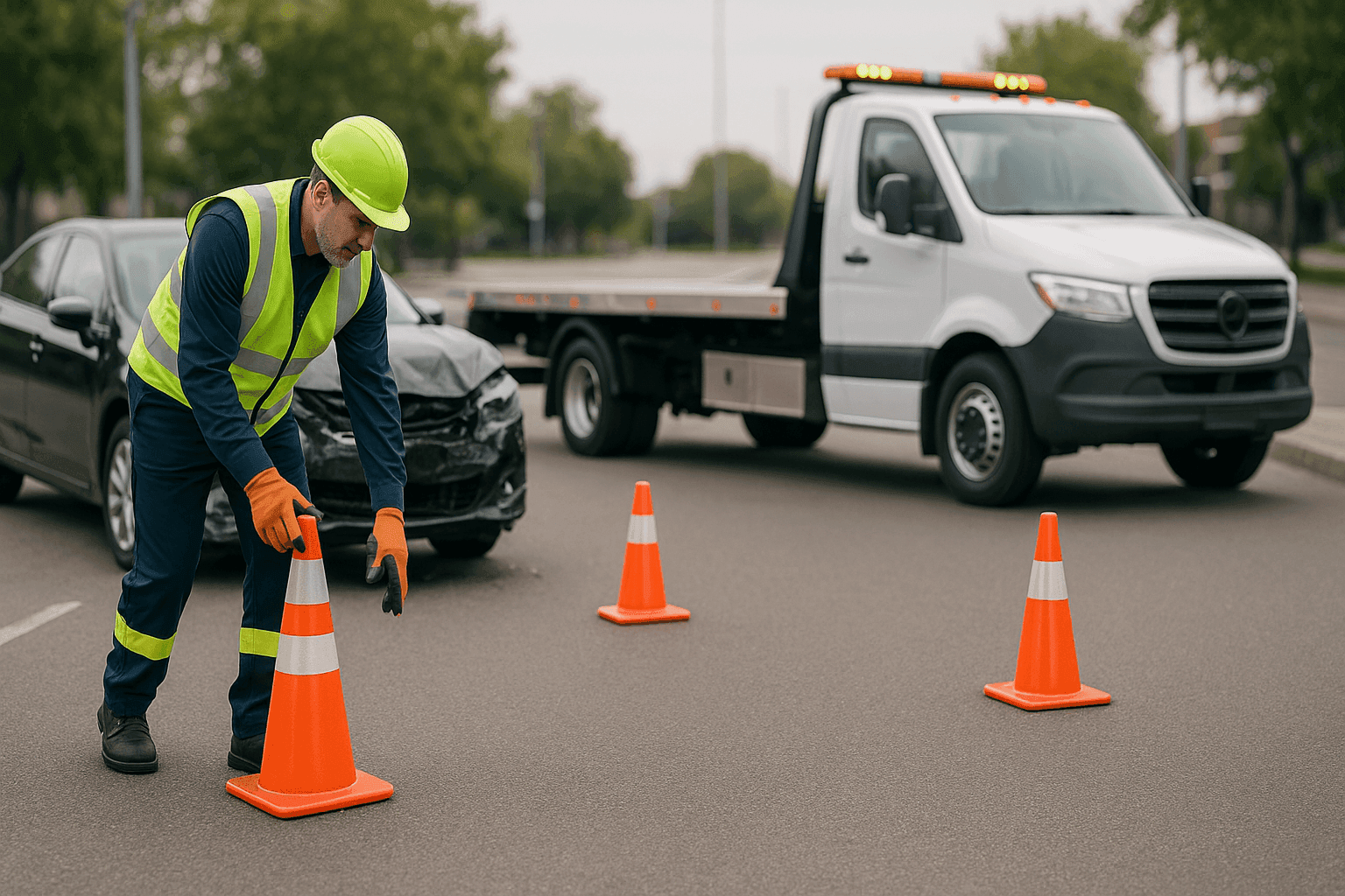 Tow truck operator managing accident scene with cones and safety gear