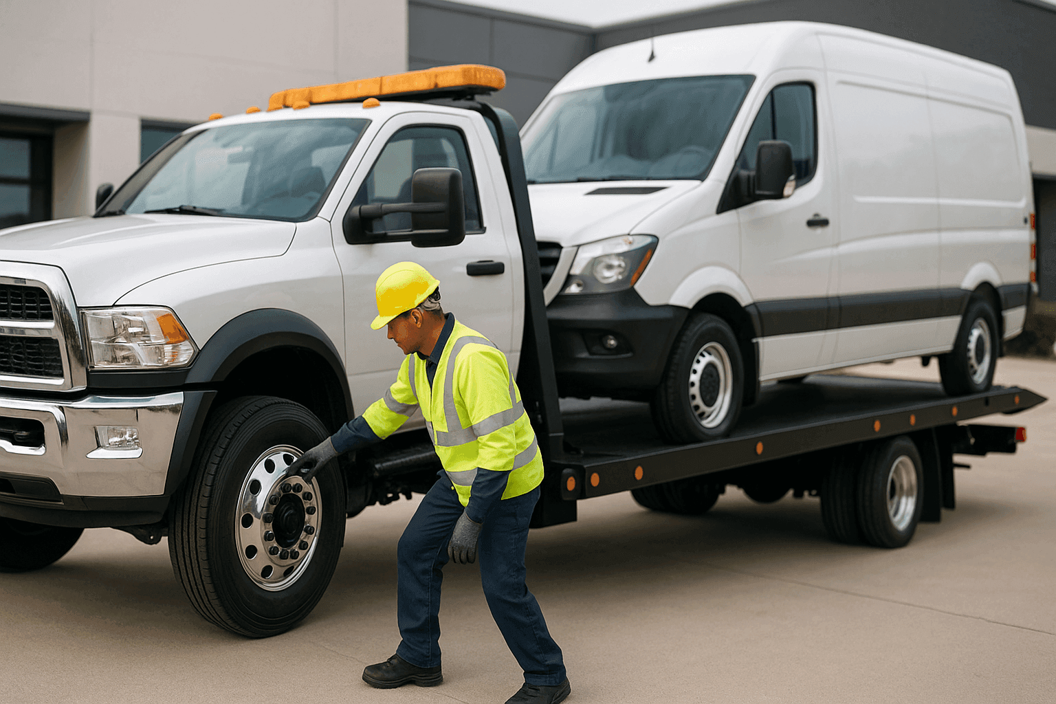 Professional tow truck and technician inspecting a vehicle outside a business