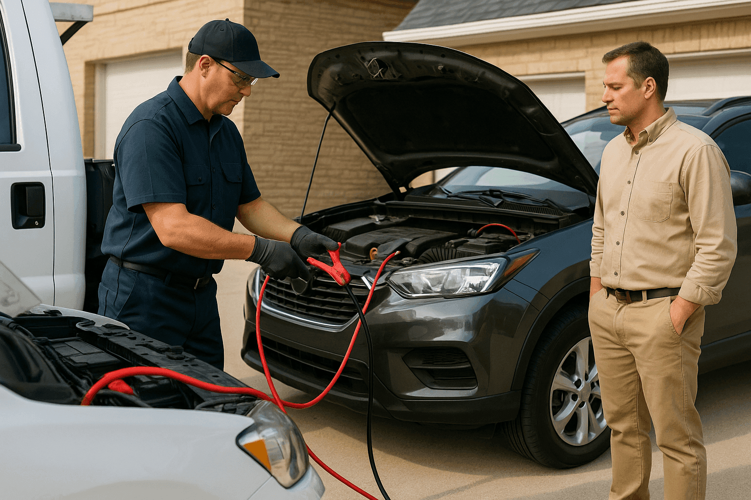 Roadside assistance technician jump starting a vehicle for a small business owner