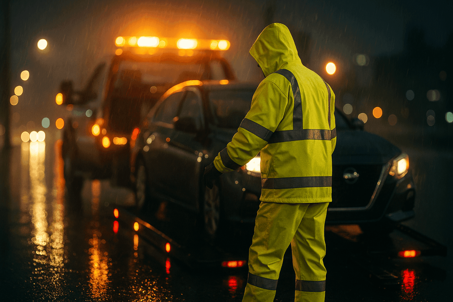 Tow truck operator assisting a stranded car in heavy rain with emergency lights flashing