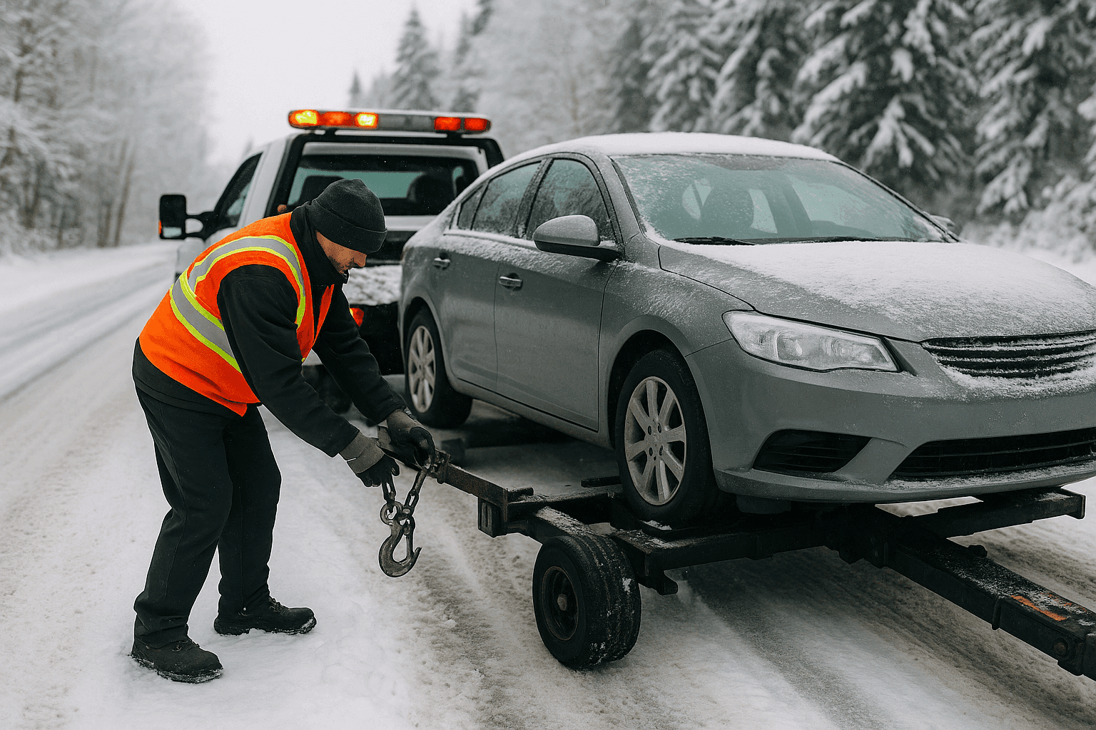 Tow truck performing emergency towing on a snowy roadside in winter