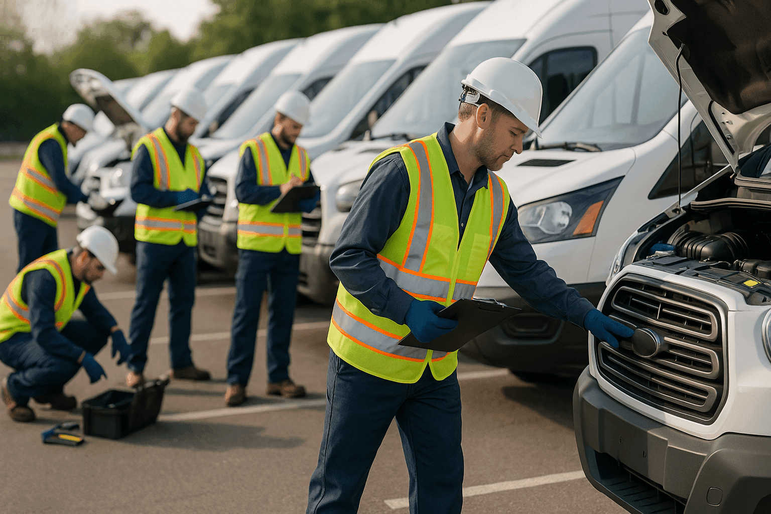 Fleet of commercial vans being inspected by technicians in a well-lit parking lot