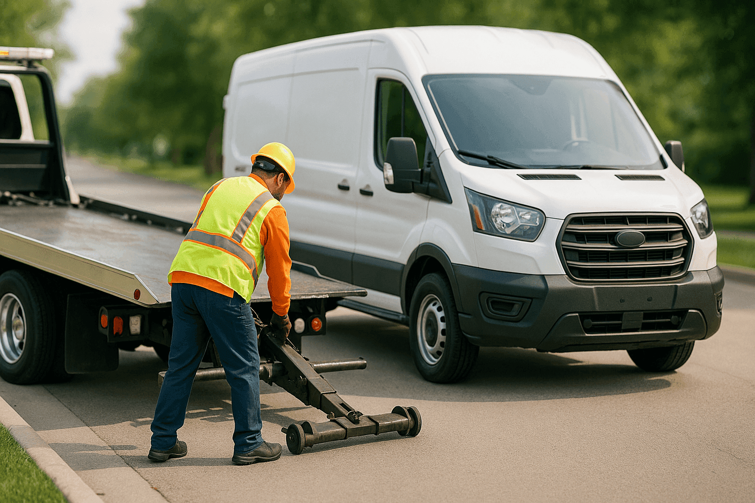 Tow truck assisting commercial fleet van on roadside