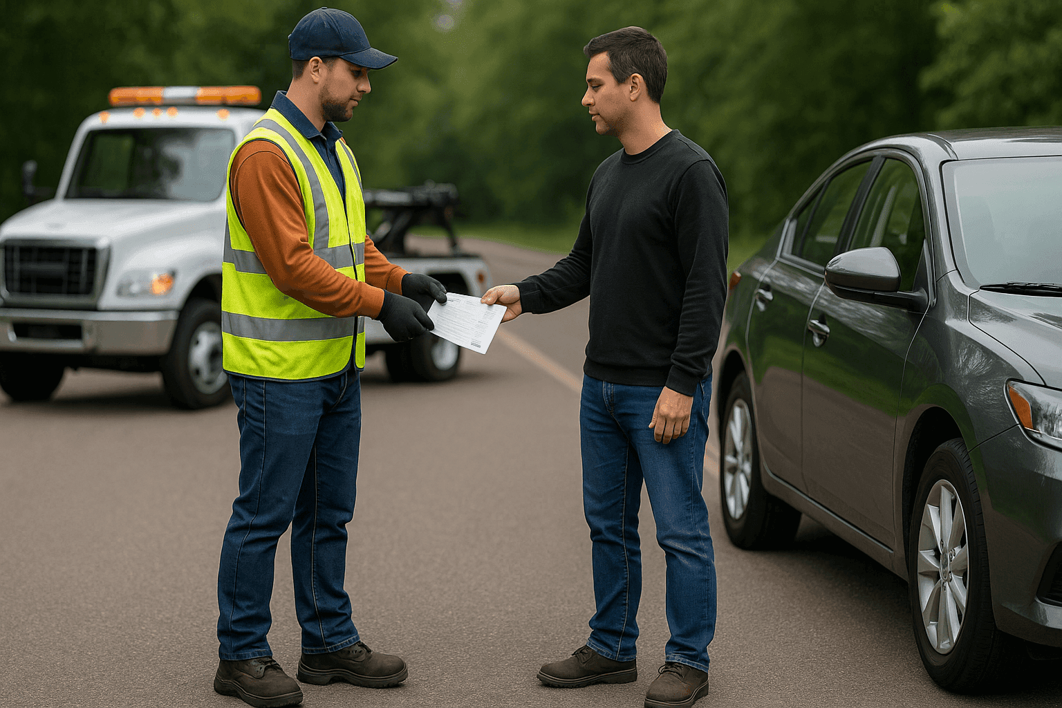 Tow truck operator presenting an itemized bill to a vehicle owner at a clean roadside