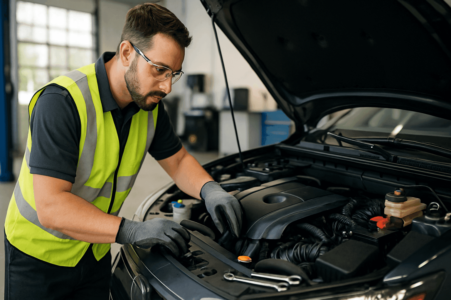 Technician inspecting a car engine for preventative maintenance in a clean garage