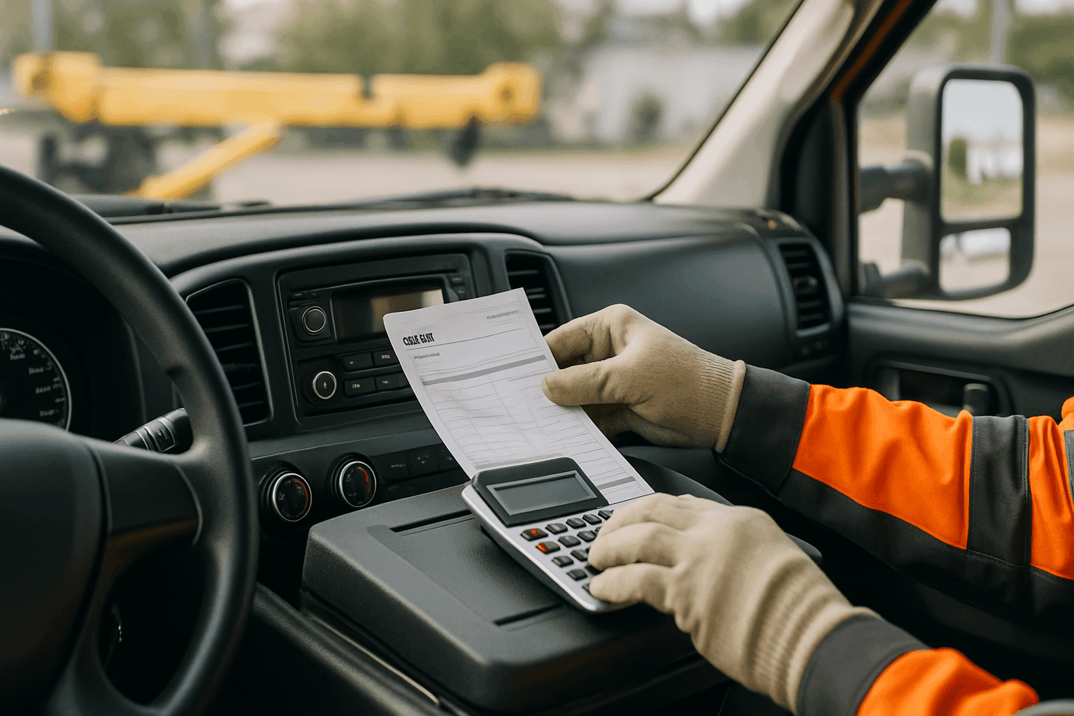 Closeup of tow truck dashboard with service invoice and calculator
