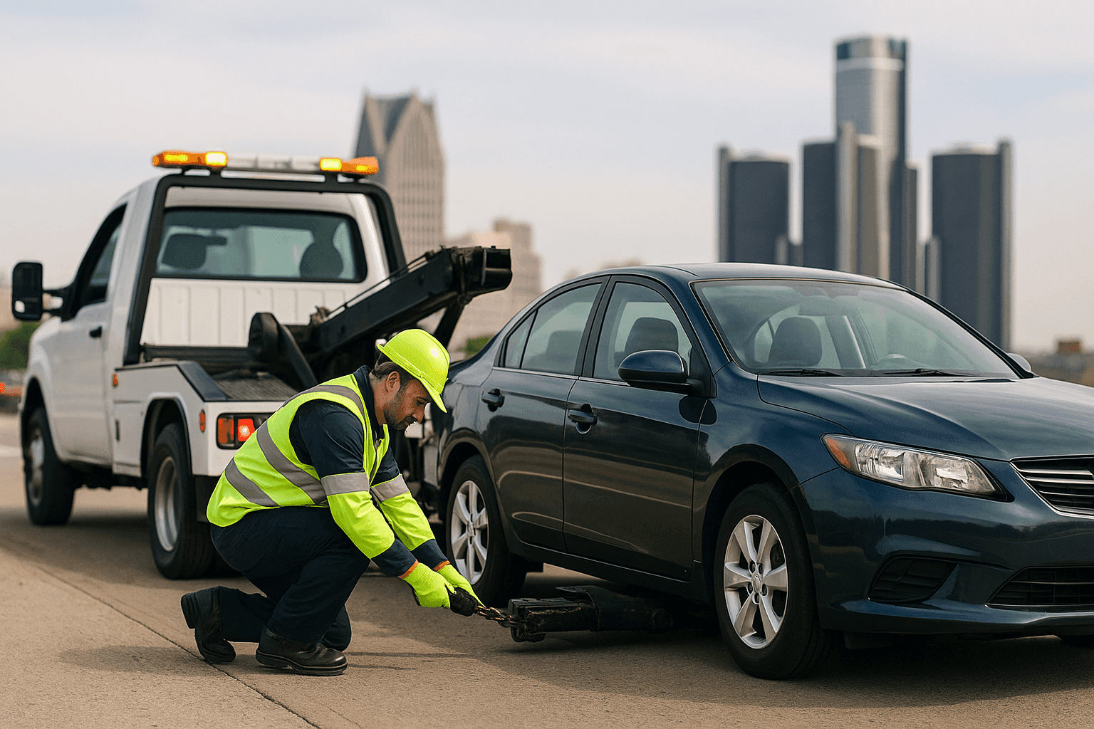 Tow truck assisting a car on a busy highway during holiday traffic