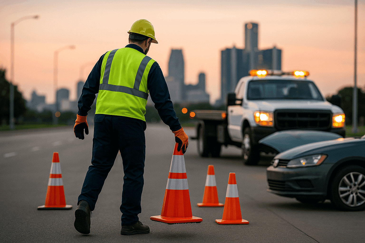 Tow truck operator preparing a vehicle on a roadside at dusk with safety cones deployed