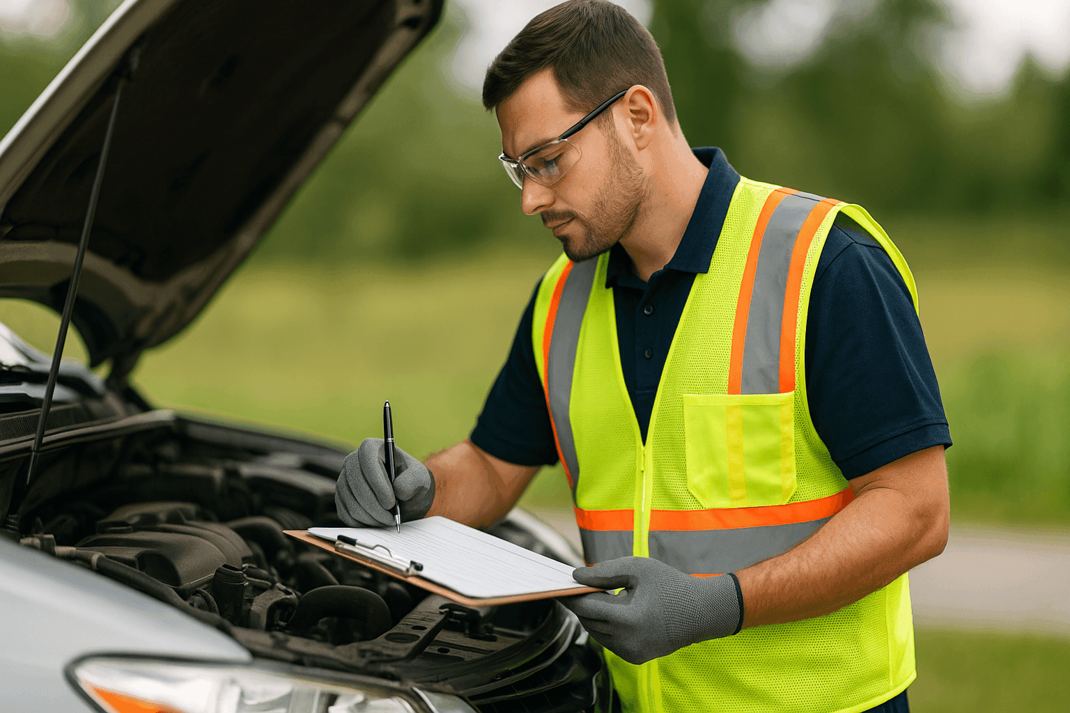 Technician using a checklist to inspect a car’s engine bay outdoors